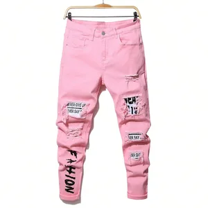 Erkek Sıkı Yırtık Denim Kot Slim Fit Düz Pantolon Elastik Bel Patchwork Delik Yırtılma Streetweet Rahat Pantolon