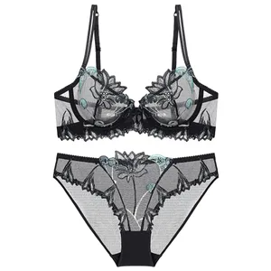 Ensemble de soutien-gorge brodé de fleurs en dentelle, Sexy, Ultra fin, respirant, anneau en acier, Bralette, Lingerie, sous-vêtements français, Set70-90 B C D