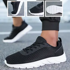 Sólido preto masculino sapatos atléticos oco malha superior antiderrapante luz sola jogging treinamento casual viagem diária esporte ao ar livre footwea