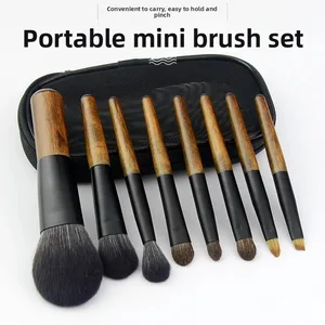8Pcs Mini Travel Makeup Brush Set with Pouch Wooden Handle Cosmetic Brush for Face Powder Blush Highlighter Concealer Eyeshadow