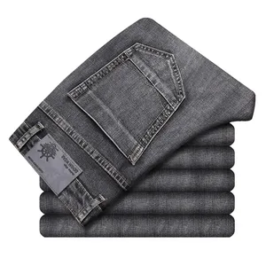 2026 algodão estiramento jeans negócios casual masculino fino denim jeans cinza primavera verão novo ajuste em linha reta leve