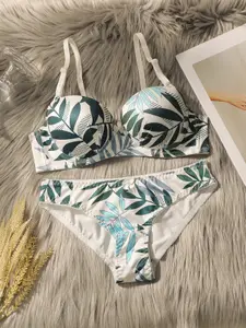 Women's sexy lingerie set with refreshing summer leaf print and steel ring gathering push up comfortable bra set A2137