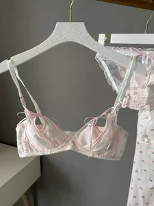 Kawaii Lace Bralette Set Japanese Floral Mesh Underwear Summer Ultra-Thin Lace-Up Cutout Romantic Bra 2024 New Kawaii set