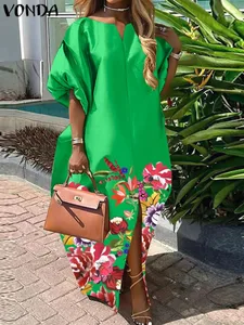 Plus Size 5XL Kvinnor Bohemian Satin Silk Maxi Long Dress 2025 Summer Sundress Elegant V-hals Vestidos Casual Lös Robe Femme