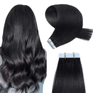 Straight Tape in Hair Extensions Human Hair Natural Black #1B Tape Remy in Human Hair Extensions for Women Διπλής όψης χωρίς ραφή Χοντρό άκρο μεταξένιο ίσιο 20 τμχ 50 γραμμάρια 26 ίντσες