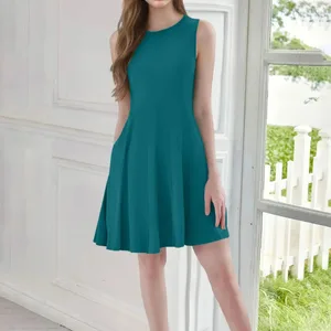 Đầm thanh lịch màu trơn cho nữ Váy mùa hè thời trang giản dị có túi Váy ngắn không tay cổ chữ O Trang phục đa năng cơ bản