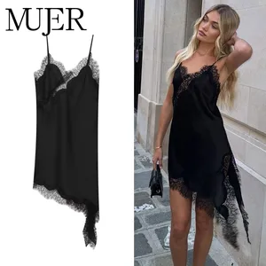 2025 Lace Slip φόρεμα Γυναικείο Μαύρο εξώπλατο κοντά φορέματα για γυναίκες Ασύμμετρο πάρτι Γυναικείο καλοκαιρινό φόρεμα σατέν σέξι φορέματα