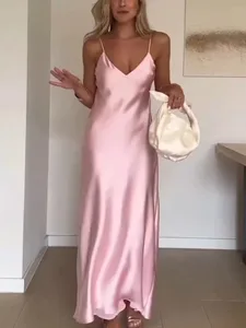Women Off Shoulder Pink Satin Maxi Dress