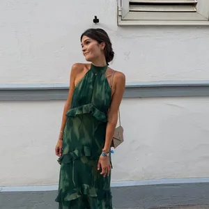 Cetak Bunga Potongan Leher Halter Gaun Maxi Berperingkat Ruffle Tanpa Lengan 2026 Musim Panas Wanita Pakaian Percutian Fesyen Boho Wanita Vestido