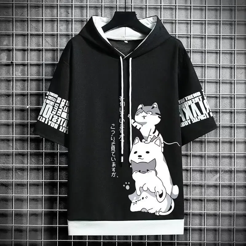 Hoodie Pria Fashion Jepang Pakaian Pria Musim Panas Atasan Bertudung Gambar Cetak Pakaian Jalanan Harajuku Kasual Kartun Kaus Pria Lengan Pendek