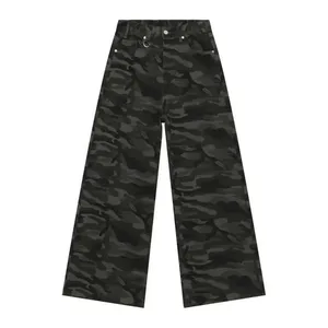 Vintage kamuflasje herrejeans moteriktig vasket uformelt vide ben denimbukser høst vinter løse herrebukser gammelblå 9C354