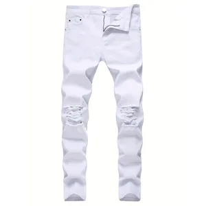 Skinny Stretch Ripped Jeans Herr Distressed Kpop Slim Fit jeansbyxor American Street Style Rock Hip Hop Vita Svarta Byxor