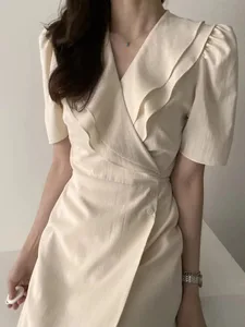 Corée du sud Chic robe mi-longue femmes été japon Style rétro Vintage Design volants rose une pièce robe à lacets FLHJLWOC robes
