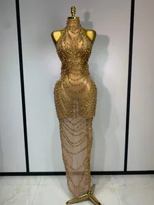 Sparkly Strass Sexy Transparent Mesh Lange Kleid 2025 Frauen Luxus Geburtstag Club Party Kleid Bühne Sängerin Leistung Kostüm