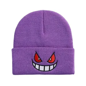 Pokemon Gengar Kartun Bordir Beanies Rajutan Skullies Musim Gugur Musim Dingin Topi Wol Hangat Gengar Wanita Pria Beanies