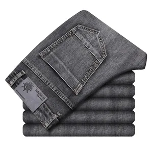 Calças de brim de algodão estiramento de negócios casual masculino fino jeans cinza primavera verão novo ajuste em linha reta leve