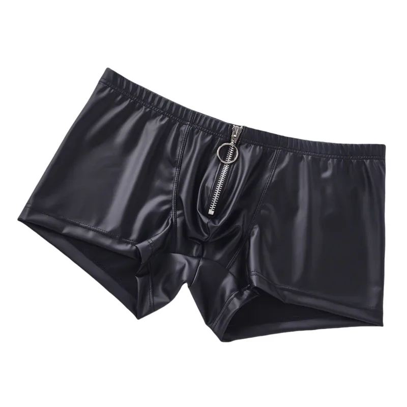 Sexy Herrenhöschen Kunstleder Herren Boxershorts Unterhosen Reißverschluss Slip Homme U Pouch Herren Boxer Dessous Cueca Calzoncillo