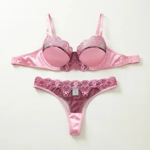 Sweet Pink Lace Lingerie Set Women Satin Underwire Bra With Floral Thong Romantic Intimate Sleep Outfit ZA825289