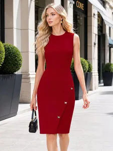 Dames mouwloze zomer elegante cocktailparty knielengte bodycon slim fit effen kleur business casual werk potloodjurk