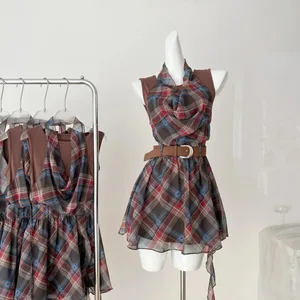 Elegante mini abito stile francese collo appeso insolito plaid da donna vita snellente abito estivo gonna a pois nuovo arrivo