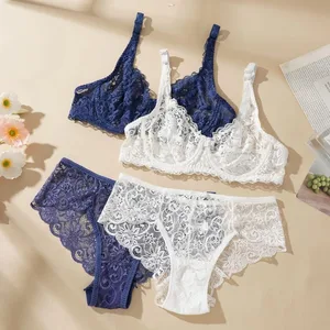 Női szexi csipke vékony melltartó öltöny, párnázat nélkül, kifinomult push-up melltartó, tömör, légáteresztő, alsóhuzalos G-string bugyi fehérnemű szett