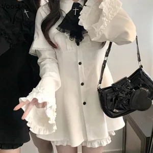 Vintage Lolita Style Mini Klänning Set Kvinnor Gothic Y2k Lös Flare Sleeve Fake Två delar Festklänningar Kvinna Kawaii Söt Vestido