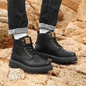 Botas casuais masculinas de cano alto, couro sintético, cadarço, grosso, antiderrapante, sola costurada, detalhes para rua urbana, passeio diário