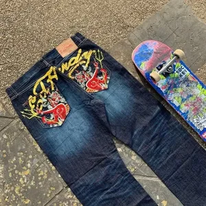メンズジーンズストリート Y2K ヴィンテージストレートレッグデニムパンツスカルローズ炎プリントデザインルーズフィットレトロパンクヒップホップファッション