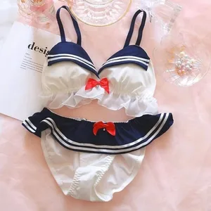 Women Underwear Cut Loli Japanese Style Fashion Wireless Small Breasted Push Up Slim Bra and Panty Set Sweet Cosplay Lingerie