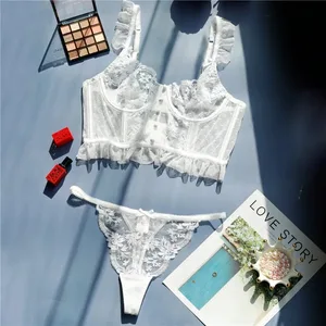 Ensemble soutien-gorge Sexy et slip à volants, Lingerie à pois, broderie de fleurs, culotte solide, sous-vêtements en dentelle, fermeture à deux dos, ensembles exotiques intimes