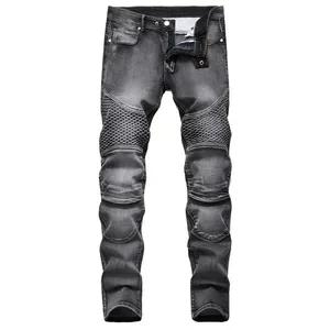 Erkek Yeni Rahat Motosiklet Kot Hip Hop Sokak Sürme Streç Slim Fit Düz Pantolon Patchwork Moda denim pantolon Erkek