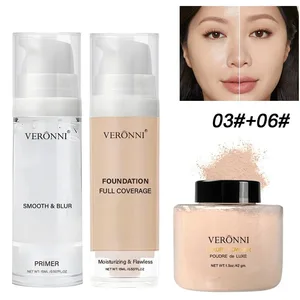 3-Piece Beginner Face Makeup Kit-Matte Waterproof Foundation Hydrating Primer Oil-Control Loose Powder Full Coverage Concealer