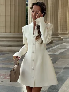 Rochie mini în formă de A, plină de un singur piept, 2026, elegante, pentru femei, cu guler în V, cu mâneci întregi, cu talie înaltă, Rochii pentru doamnă, rochii de stradă pentru navetă