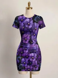 Γυναικείο κοντό μανίκι Μίνι φόρεμα Bodycon Slim Fit Crew Neck Floral print Casual καλοκαιρινό πάρτι Χαριτωμένο κομψό σαλονάκι για καλοκαιρινές διακοπές