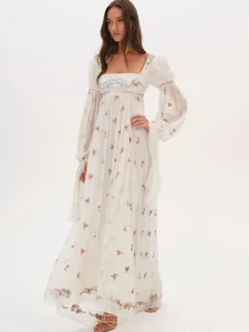 Abito lungo floreale Cottagecore da donna con collo quadrato, maniche lunghe a sbuffo, vita impero, chiffon, fluido, vintage, boho, abito da ospite di matrimonio