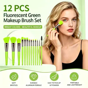 Neon Green 12 Pieces Makeup Brush Set Soft Cosmetic Brushes for Face Foundation Eyeshadow Blush Daily Make up Application