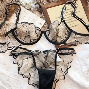 Set Bra Renda Sulaman Perancis untuk Wanita Bra Minimizer Tipis Ultra Nipis Berongga Pakaian Dalam Brassiere 32-38AB Pakaian Harian yang Elegan