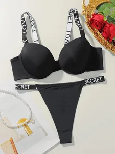 Viomisha popular sexy carta underwire push up sutiã lingerie conjunto para mulher 2 peça roupa interior sólida conforto alça de malha
