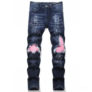 Erkekler Sıska Yüksek Streç Yırtık Denim Kot Adam Rahat Pantolon Slim Fit Biker Pantolon Delik Patchwork Boya Sıçramak Erkek Kot