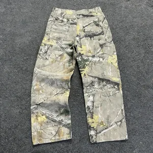 Jeans Kamuflase Cabang Pria Celana Jeans Lurus Jalan Tren Fashion Longgar Retro Kaki Lebar Dicuci Tua Gaya Amerika Y2K