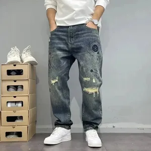 Four Seasons New Fashion menn American High Street hull lappet løst brede ben jeansbukser Vintage vasket denim bukser herre