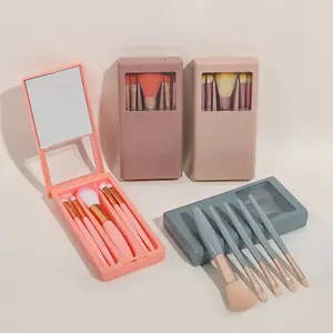 Portable Mini Makeup Brush Set with Mirror Case 5Pcs Travel Makeup Brushes for Foundation Eyeshadow Concealer