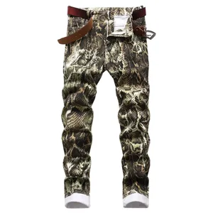 Jeans para sa Lalaki Hip Hop Printed Snakeskin Pencil Pants Slim Fit Colored Stretch Mid Waist Washed Denim Ankle Length Pantalon
