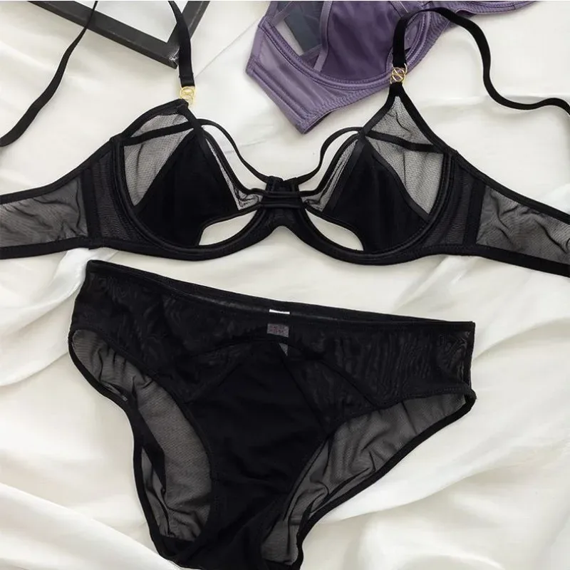 Hot Sale Sheer Mesh Lingerie Set No Padding Soft Wire Push Up See Through Floral Lace Bralette Dark Romance Style — image 4