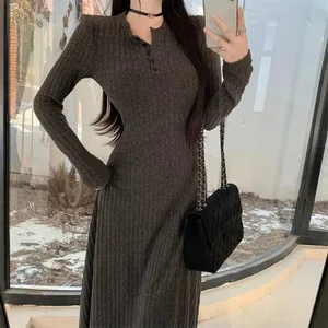 Smvp Gaun Rajut Pinggang Tinggi Ramping Elegan Gaun Panjang Hangat Tebal Lengan Panjang Musim Gugur Musim Dingin Wanita Vestidos Pakaian Jalanan Antik