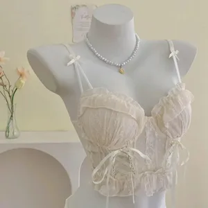 Conjunto de Sujetador de encaje con volantes para mujer, ropa interior suave y pura de malla con realce y tiras cruzadas, lencería suave para uso diario, 2 piezas, 32-38AB