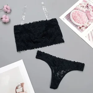 Conjunto de sujetador con Tanga de flores transparentes de encaje, correas invisibles, bragas florales bordadas, Kit de sujetador, lencería, ropa interior hueca para mujeres