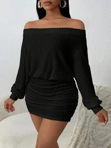 Abito in maglia a maniche lunghe multifunzionale casual in tinta unita gonfio monospalla