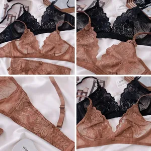 Conjunto de lingerie sexy de renda preta para mulheres conjunto confortável de sutiã e calcinha sem fio tamanho grande