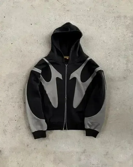 Black Gothic Zip Up Hoodies Retro Hip Hop Graphic Patchwork Hoodie Y2k Men Women Punk Patch Harajuku Jacket Clothing